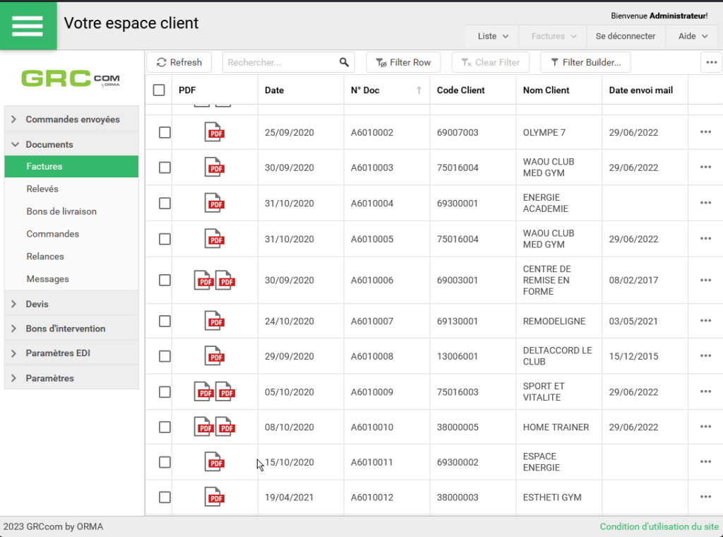 Espace client GRCcom : liste des factures