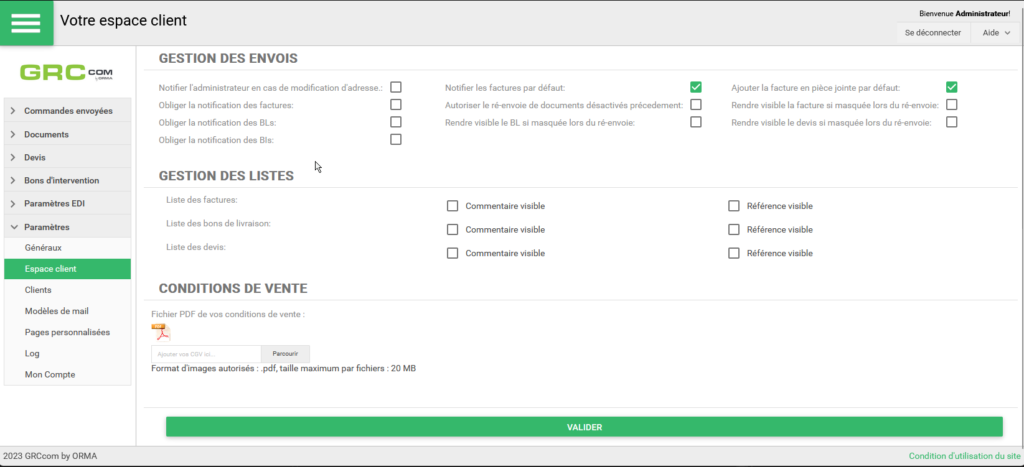 Paramétrage du comportement de l'espace client GRCcom