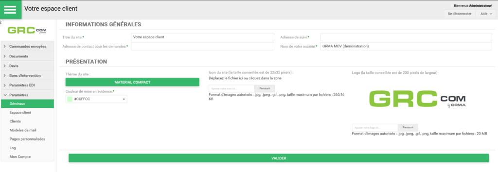 Personnalisation de l'espace client GRCcom